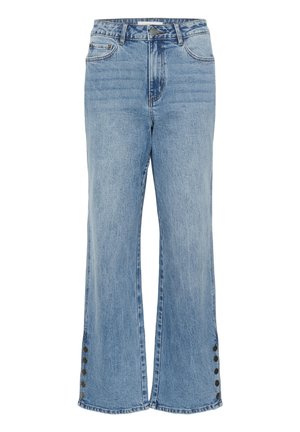 Lyseblå denim wide-leg jeans med høj talje, forlommer og knapdetaljer langs de nederste sider. Minimal falmen og syningsdetaljer.