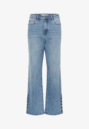 Lichtblauwe denim wijde broek met een hoge taille, voorzakken en knoopaccenten langs de onderzijden. Minimale vervaging en gestikte details.