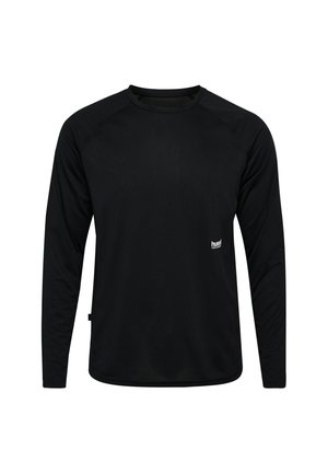 Sort langærmet atletisk trøje med rund hals og lille hvid "hummel performance"-logo nederst til venstre foran.