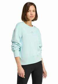 Felpa azzurra con maniche lunghe, scollo rotondo e polsini a coste. Presenta un logo discreto sul petto. Abbinata a leggings neri.