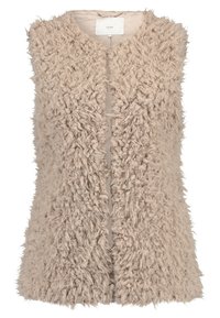 Beige ärmlös väst i fluffigt, texturerat tyg med en mjuk yta. Har rak skärning och knäppning framtill.