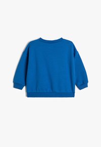 Blå sweatshirt, mjukt tyg, ribbad rund hals, långa ärmar och avslappnad passform. Slät textur med elastiska muddar och nederkant.