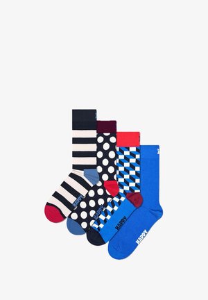 Five pairs of cotton socks featuring various designs: striped, polka dots, geometric patterns, and solid colors in blue, navy, and maroon.