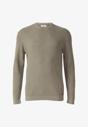 Light brown long-sleeve crew neck knitted sweater with a ribbed texture and a small black brand tag near the hem.