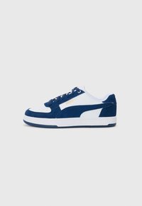 Blue and white sneaker featuring suede and mesh materials, a perforated toe box, and contrasting logo accents. Low-profile, casual design.