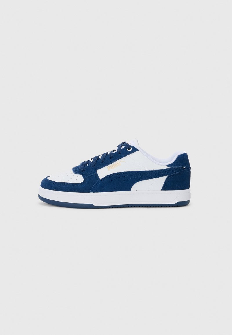 Blue and white sneaker featuring suede and mesh materials, a perforated toe box, and contrasting logo accents. Low-profile, casual design.