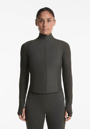 Jacket cu mânecă lungă, cu fermoar, de culoare verde măslin închis, cu textură ribbed, guler înalt și design ajustat. Proiectat pentru performanță și confort.