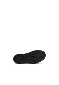Semelle de chaussure en caoutchouc noir avec des points de traction arrondis, présentant une surface lisse et une légère courbure le long des bords. Marquée "ECCO."