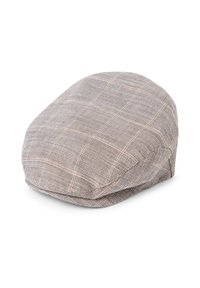 Braun-kariertes Flachcap aus strukturiertem Stoff, mit einer runden Krone und einem leicht verlängerten Schirm. Dezente orangefarbene Akzente im Muster.