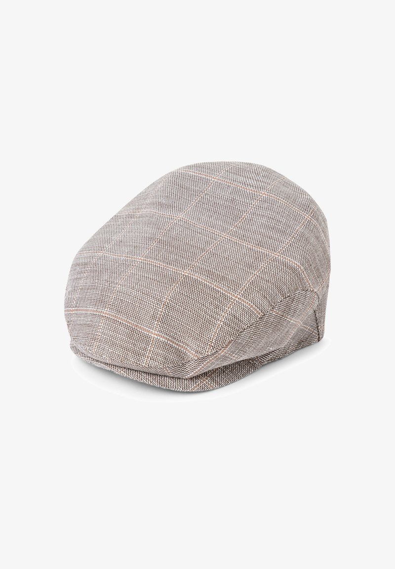Brown plaid flat cap made of textured fabric, featuring a rounded crown and a slightly extended brim. Subtle orange accents in the pattern.