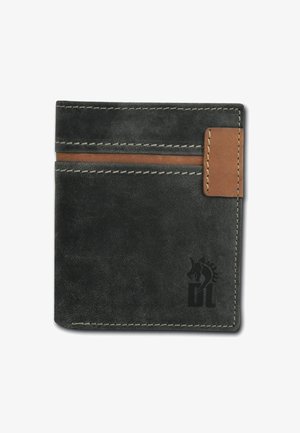 Gray leather wallet with a brown accent, featuring stitching details and a logo design on the lower corner. Compact and slim shape.