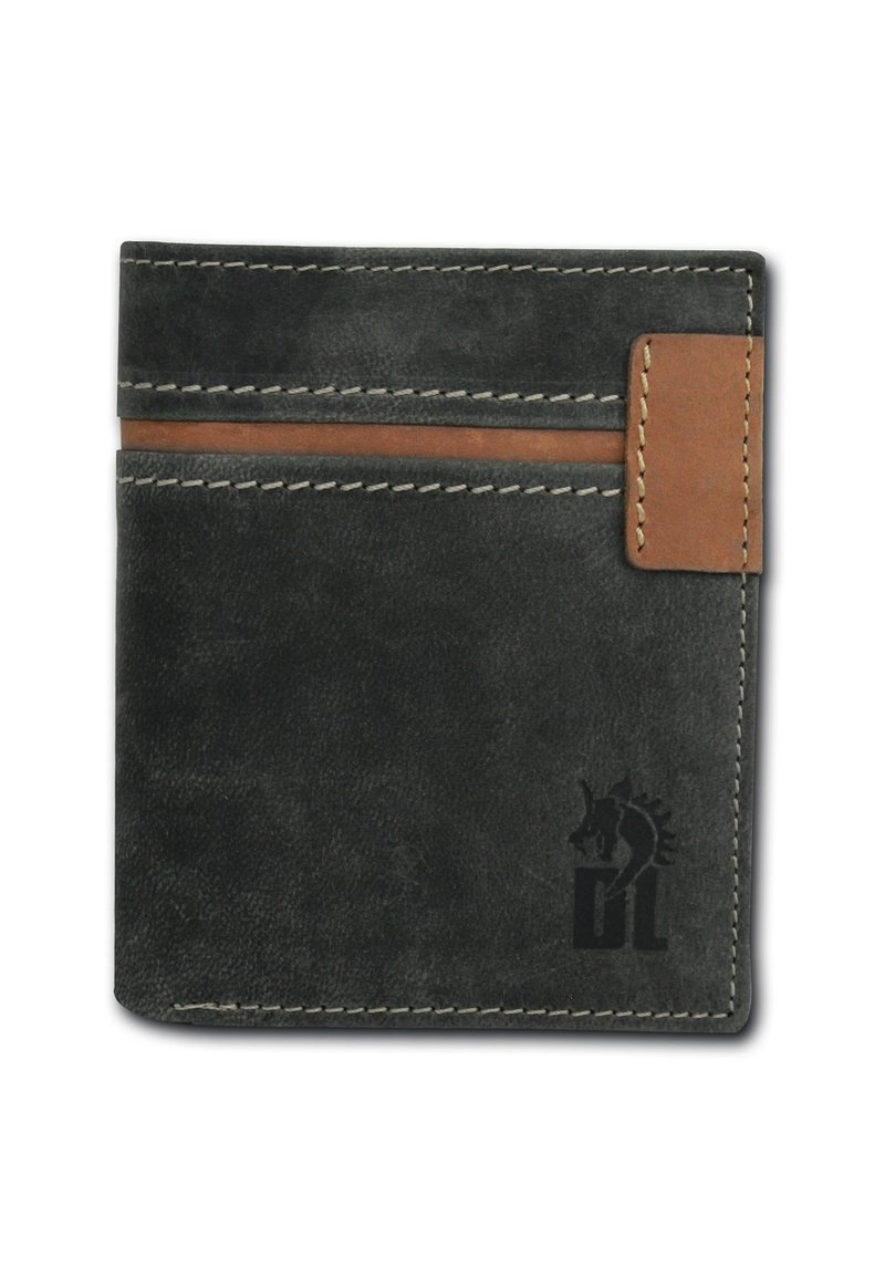 Gray leather wallet with a brown accent, featuring stitching details and a logo design on the lower corner. Compact and slim shape.