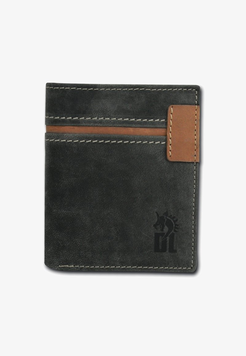 Gray leather wallet with a brown accent, featuring stitching details and a logo design on the lower corner. Compact and slim shape.