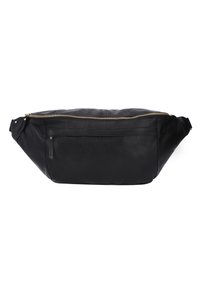 Schwarze Leder-Gürteltasche mit strukturiertem Finish, goldfarbener Reißverschluss und rückseitiger Reißverschlusstasche. Abgerundete Form für hohen Tragekomfort.