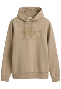 Felpa con cappuccio beige realizzata in morbido tessuto, caratterizzata da un grande logo in rilievo di tonalità più chiara. Include un cappuccio con cordino e polsini a coste.