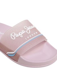 Roza drsna sandal z gladkim materialom, ki ima teksturirano naramnico, belo logo in modre naglasne črte ob dnu.