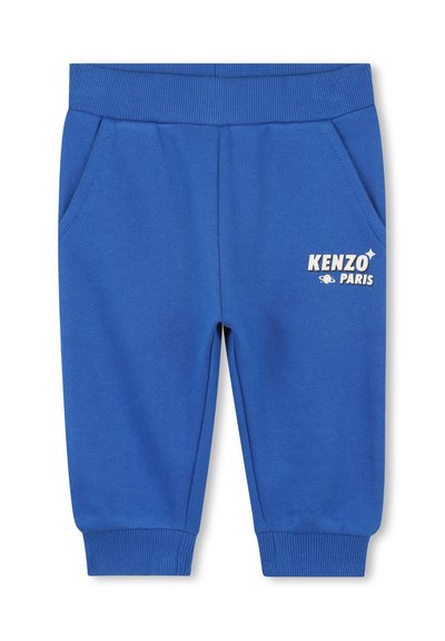 Blauwe katoenen jogger shorts met een geribde tailleband, zijzakken en witte "KENZO PARIS" tekstlogo. Glad textuur, casual ontwerp.