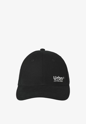 Sorte bomulds-baseballcap med en buet skygge og broderet "Urbn JACK&JONES" logo på forsiden. Seks ventilationshuller på krone.