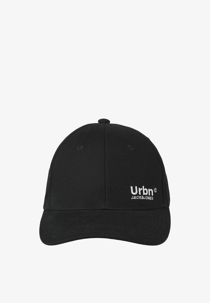 Cappellino da baseball in cotone nero con visiera curva e logo ricamato "Urbn JACK&JONES" sulla parte anteriore. Sei occhielli di ventilazione sulla corona.