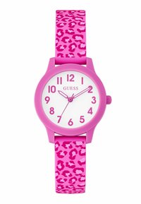 Rosa Silikon-Uhr mit rundem Gehäuse, leopardenmusterem Armband, weißem Zifferblatt und pinken Stundenmarkierungen. Verfügt über eine Krone zur Einstellung.