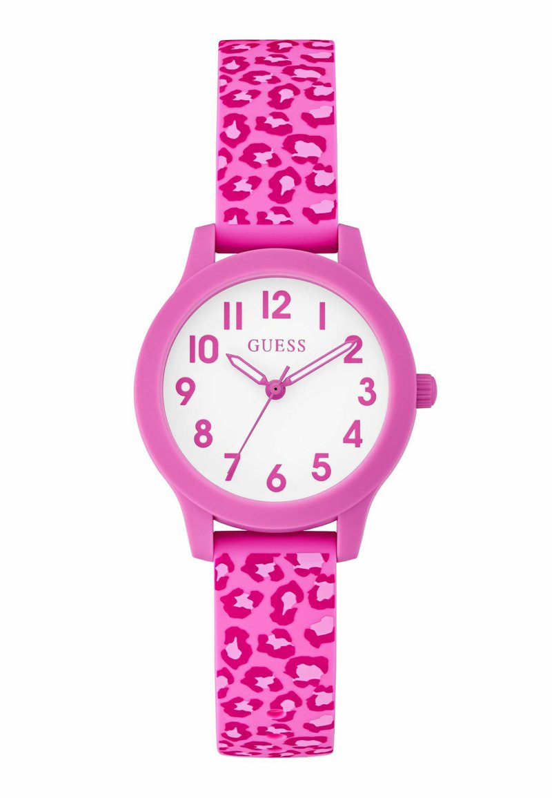 Rosa Silikon-Uhr mit rundem Gehäuse, leopardenmusterem Armband, weißem Zifferblatt und pinken Stundenmarkierungen. Verfügt über eine Krone zur Einstellung.