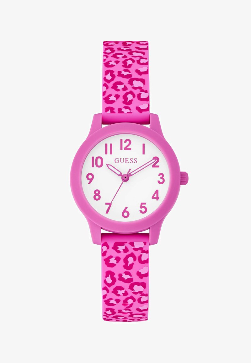 Różowy silikonowy zegarek z okrągłą kopertą, paskiem w panterkę, białą tarczą i różowymi znacznikami godzin. Posiada koronkę do regulacji.
