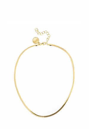 Gold chain necklace with flat snake links and adjustable clasp featuring a round charm with a raised "S" emblem.