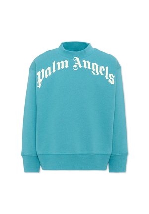Niebieska bluza z wysokim kołnierzem i białym gotyckim tekstem "Palm Angels" zakrzywionym przez klatkę piersiową, długie rękawy, ściągacze przy mankietach i dole.
