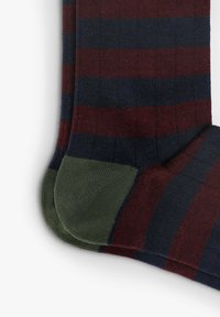 Calze rigate in cotone misto; presentano strisce rosso scuro e blu navy, con sezione del tallone e della punta verde. Texture morbida, design a coste.