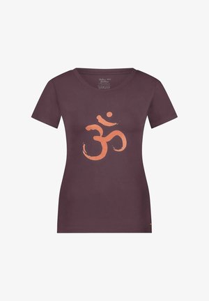 Burgundin värinen puuvillapaita, jossa on pyöreä pääntie ja lyhyet hihat. Edessä on oranssi Om-symboolin grafiikka.