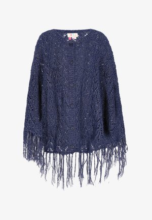 Tumesinine avatud kudumisega ponšo, millel on kuus nööpi, friteeritud äär ja tekstuuriga kudumismuster.