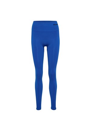 Blå leggings med høj talje, lavet af et glat, strækbart stof. Har subtile teksturdetaljer langs benene.