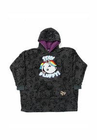 Felpa con cappuccio nera in pile con foderatura viola, caratterizzata da una grafica di un unicorno colorato e il testo "RIMANI MORBIDO!", oltre a una tasca frontale.