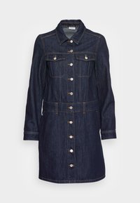 Dark blue denim dress with a collared neckline, long sleeves, and silver snap buttons. Features two front pockets and a belted waist.