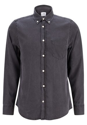 Donkergrijs overhemd met lange mouwen, knopen, een button-down kraag en borstzak, met witte knopen en een casual pasvorm.