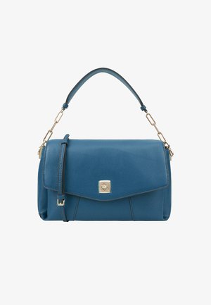 Blauwe leren handtas met een gestructureerd ontwerp, voorzien van een klep-sluiting, zilverkleurige hardware en een afneembare schouderband.