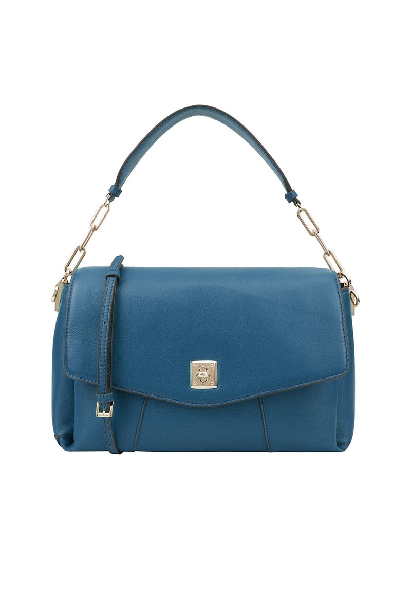 Blauwe leren handtas met een gestructureerd ontwerp, voorzien van een klep-sluiting, zilverkleurige hardware en een afneembare schouderband.