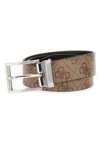 Ceinture marron à motifs en vinyle texturé, avec une boucle en métal argenté et une doublure intérieure noire. Présente un design rectangulaire classique.