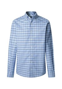 Langarm overhemd met een blauw-wit geruit patroon en een knoopsluiting bij de kraag.