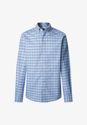 Camicia a maniche lunghe con motivo a quadretti blu e bianchi e colletto abbottonato.