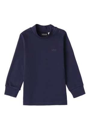 Chemise à manches longues bleu marine en tissu doux et extensible. Elle présente un col rond avec fermeture à pression et un petit logo sur la poitrine.