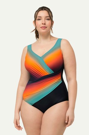 Eén-delige zwempak met een gradient ontwerp in oranje, teal en zwart, voorzien van een v-halslijn en brede schouderbanden voor extra ondersteuning.