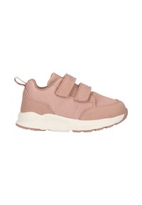 Child’s dusty pink sneaker with two adjustable Velcro straps, white sole, pull tab on heel, and mesh and suede upper materials.