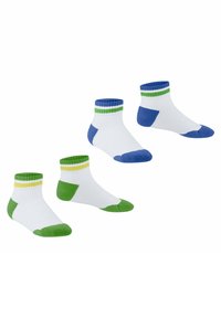Drei Paar Knöchelsocken in Weiß, mit grünen, blauen und gelben Akzenten an den Bündchen und Zehen, mit gerippter Textur und verstärkten Fersen.