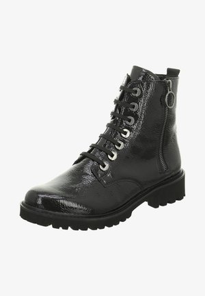 Black ankle boots made of glossy patent leather, featuring a lace-up front, side zipper, and rugged sole with prominent tread.