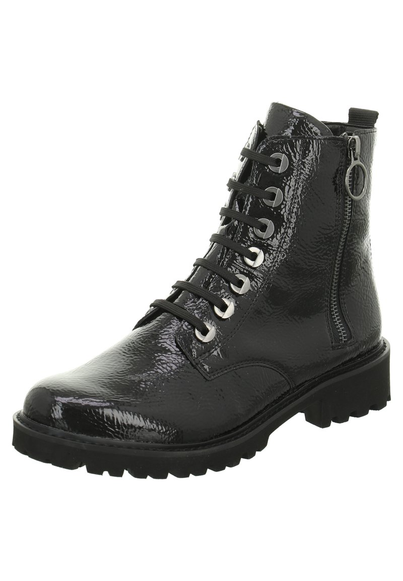 Bottines noires en cuir verni brillant, dotées d'un laçage à l'avant, d'une fermeture éclair latérale et d'une semelle robuste avec un profil prononcé.