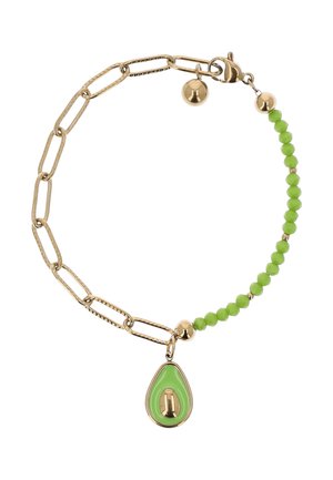 Bransoletka z złotymi ogniwami łańcucha, małymi zielonymi koralikami i zielonym, w kształcie awokado, zawieszką z złotym pestkiem.