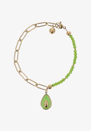 Bransoletka z złotymi ogniwami łańcucha, małymi zielonymi koralikami i zielonym, w kształcie awokado, zawieszką z złotym pestkiem.