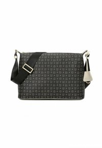 Borsa a tracolla con un tessuto scuro e decorato, caratterizzata da loghi "P" dorati, una tracolla nera regolabile e un'accortezza di colore crema sulla cerniera.