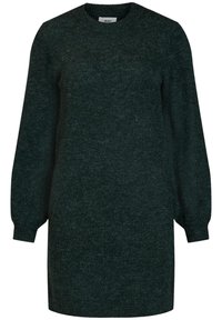 Abito in maglia di colore verde scuro con vestibilità rilassata, scollatura rotonda e maniche lunghe leggermente a sbuffo. Tessuto testurizzato con un sottile motivo.